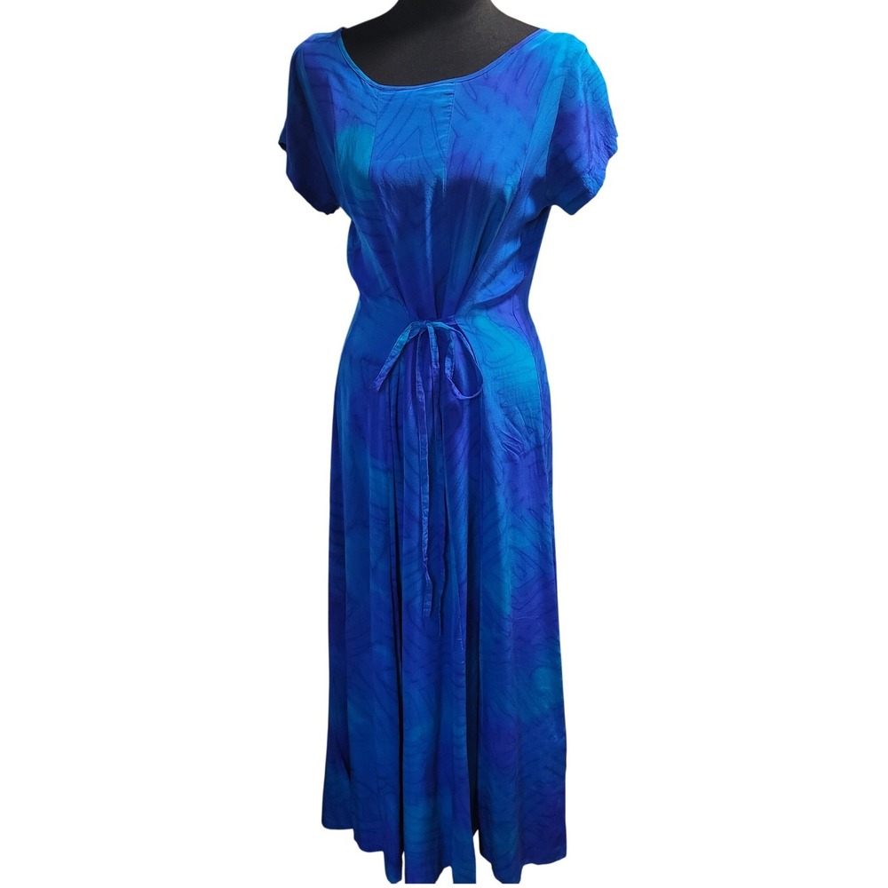 Vintage 90s 100% Silk Abstract Blue‎ Watercolor Maxi Dress S Resort SEE PHOTOS - Picture 7 of 8